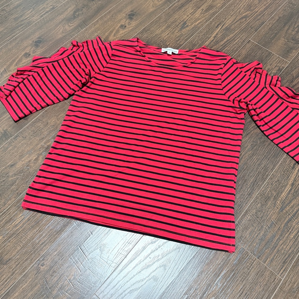 SOUTHERN LADY RED BLACK STRIPES RUFFLE SLEEVE TOP - Picture 2 of 6